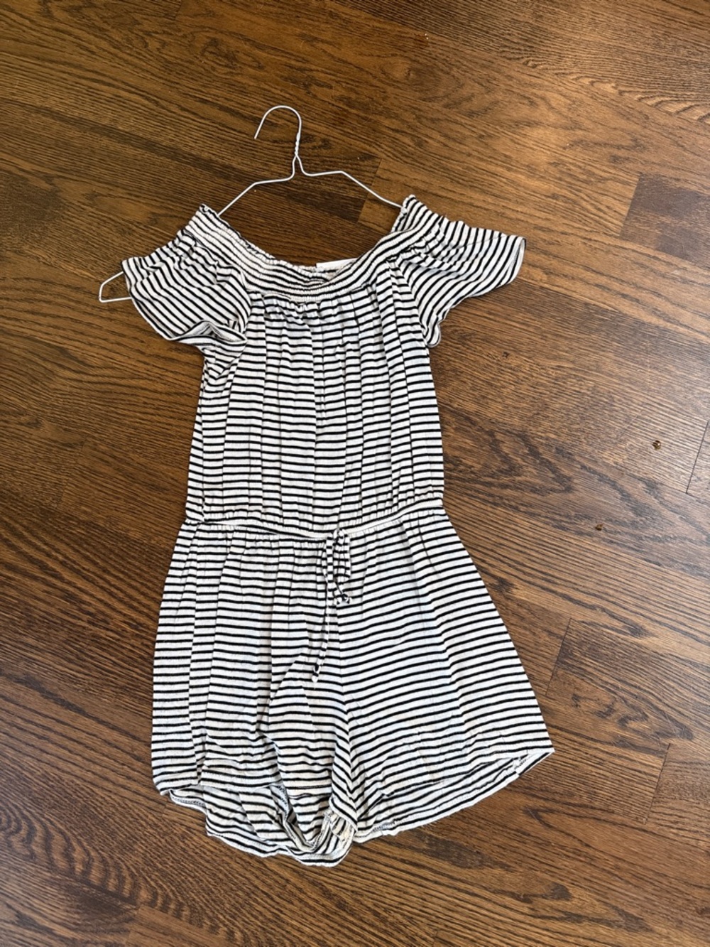 La Hearts Black and White Striped Off-Shoulder Romper